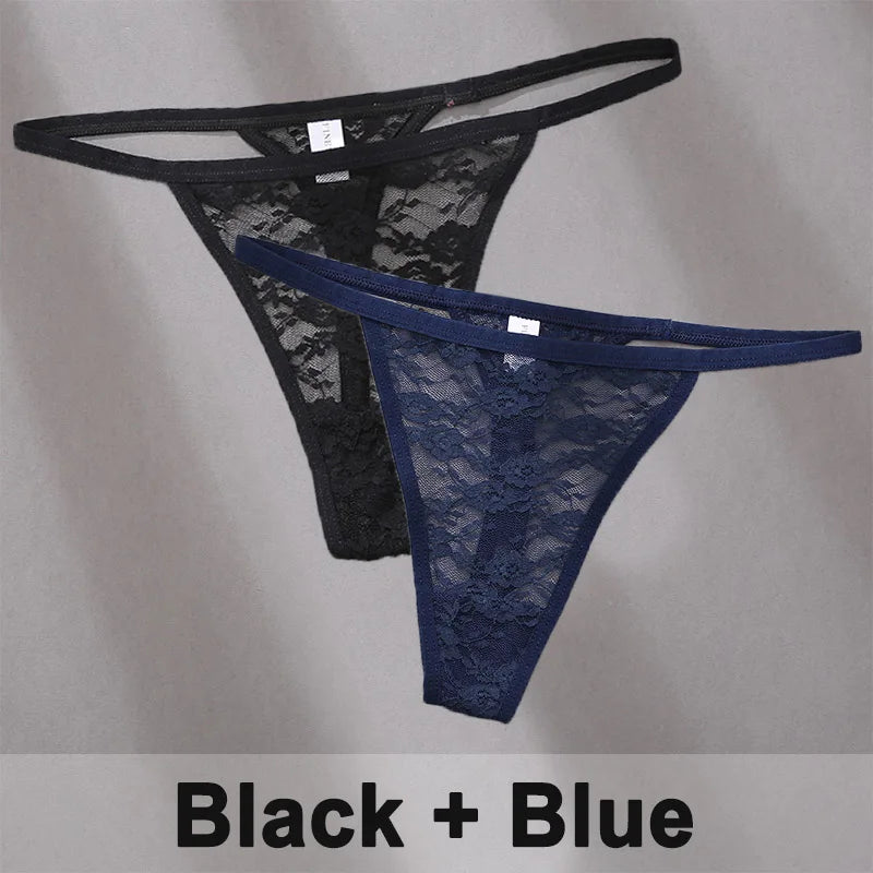 2PCS Sexy Lace Cotton Panties for Women G-String Underwear Perspective Thongs Solid Color Underpants Female Intimates Lingerie.