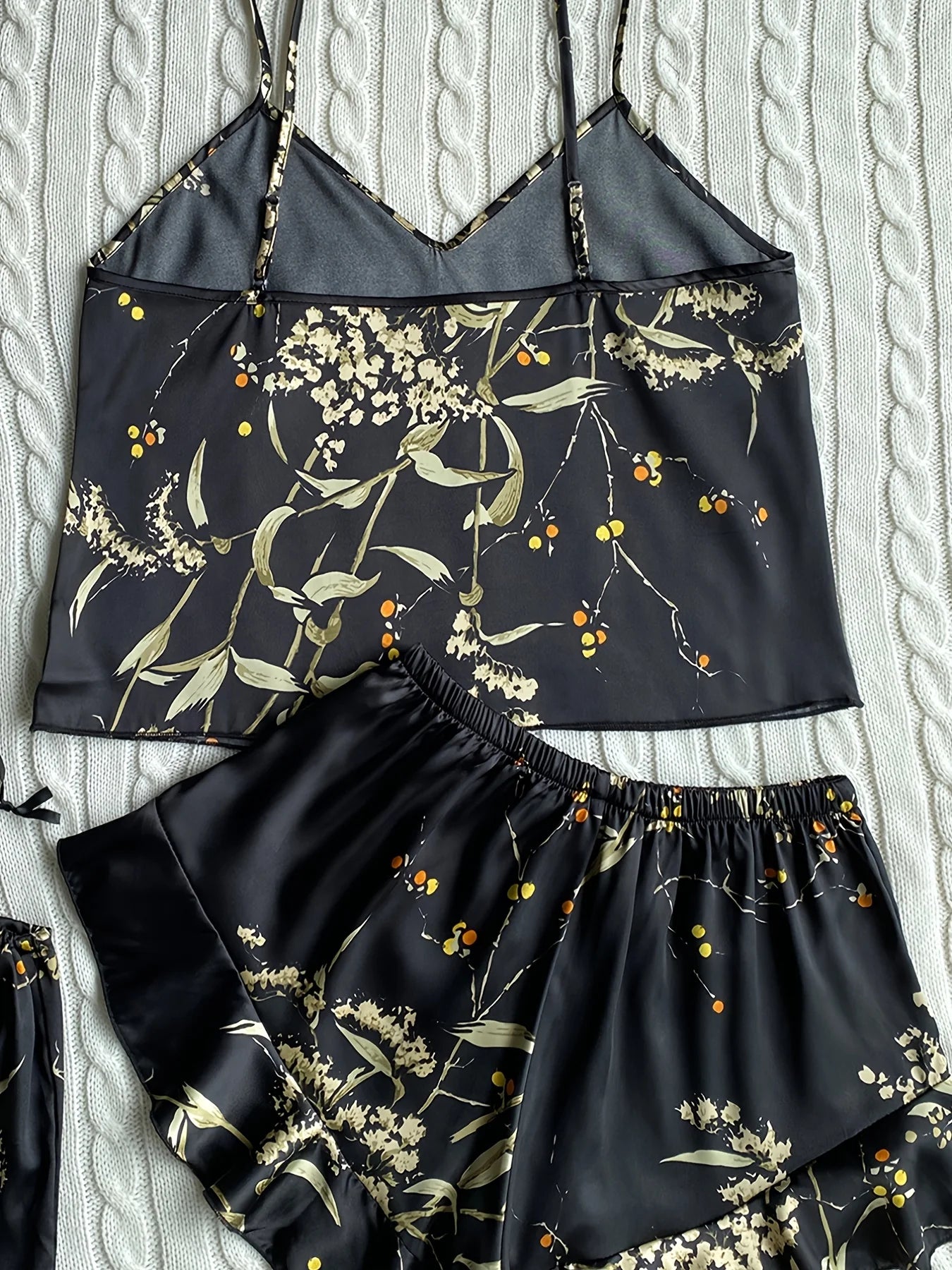 Elegante Cami-Tops mit Blumendruck, Rüschensaum, Shorts, Pyjama-Set, Damen-Nachtwäsche, Loungewear