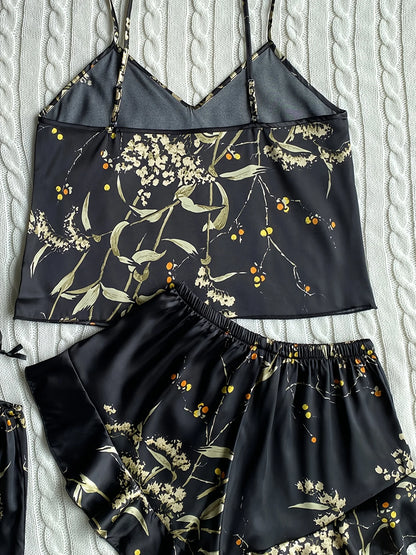 Elegante Cami-Tops mit Blumendruck, Rüschensaum, Shorts, Pyjama-Set, Damen-Nachtwäsche, Loungewear