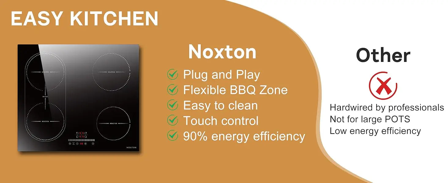 NOXTON White/Black Induction Hob Plug in, (UK:2800W/EU:3500W) 4 Zones with 1 Grill Zone, 60CM Touch, Safety Lock,Ceramic Glass.