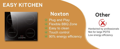 NOXTON White/Black Induction Hob Plug in, (UK:2800W/EU:3500W) 4 Zones with 1 Grill Zone, 60CM Touch, Safety Lock,Ceramic Glass.