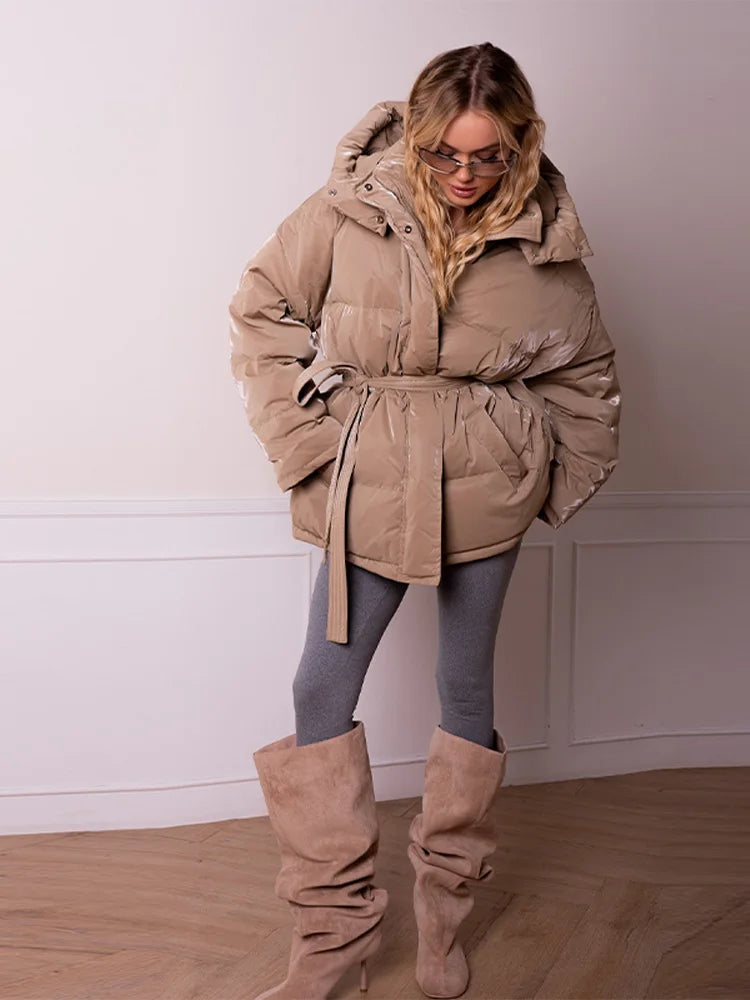 Frauen Glänzend Herbst Winter Mit Kapuze Baumwolle Gefütterte Jacke Lose Lange Hülse Spitze Up Warme Mantel 2025, Neue Dame Mode Party outwear