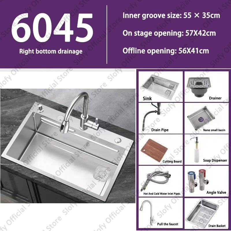 Küchenspüle aus Edelstahl 304, großes Fassungsvermögen, Wasch-/Schnitt-/Abfluss in einem, komplettes Set, multifunktionale Gemüse-Arbeitsstation für den Haushalt