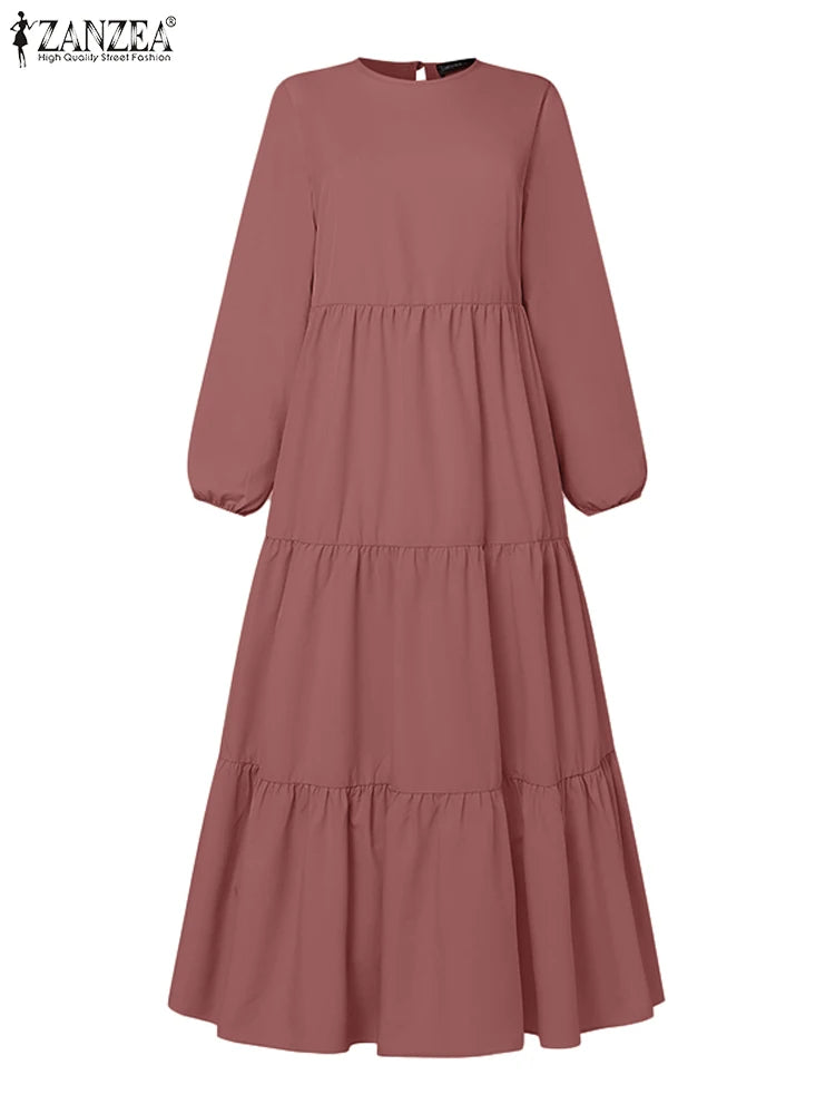 ZANZEA Muslim Fashion Tiered Long Dresses Women Islamic Hijab Style Casual Long Sleeve O Neck Maxi Vestidos Solid Abaya Robes.