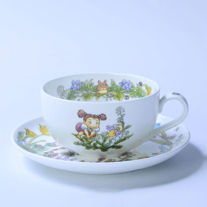 Bone China Dinner Plate Anime Cup and Saucer Set Coffee Mug Cute Cartoon Pattern Ceramic 9.5 Inch Dish Household Tableware Gift.