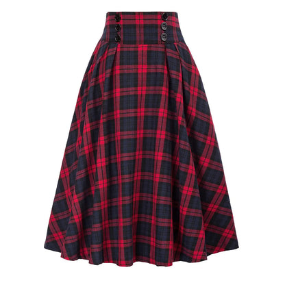SISHION 2025 Autumn New A Line Swing Buttons Long Midi Vintage Skirt SS0037 Red Green High Waist Plaid Skirts for Women Jupe