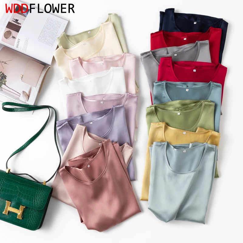 Women 100% Mulberry Silk 19 Momme half sleeve Crew Neck Top Shirt Blouse T-shirt More Colors M L XL MM4270.
