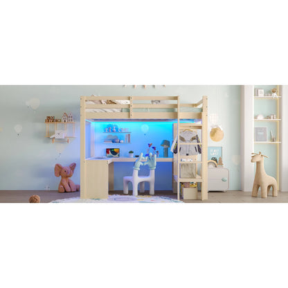 Modernes Kinder-Hochbett 140 x 200 mit Multifunktionsregalen, Unterbett-Schreibtisch, LED-Licht und USB, Kleiderschrank mit Stauraum, für Schlafzimmer