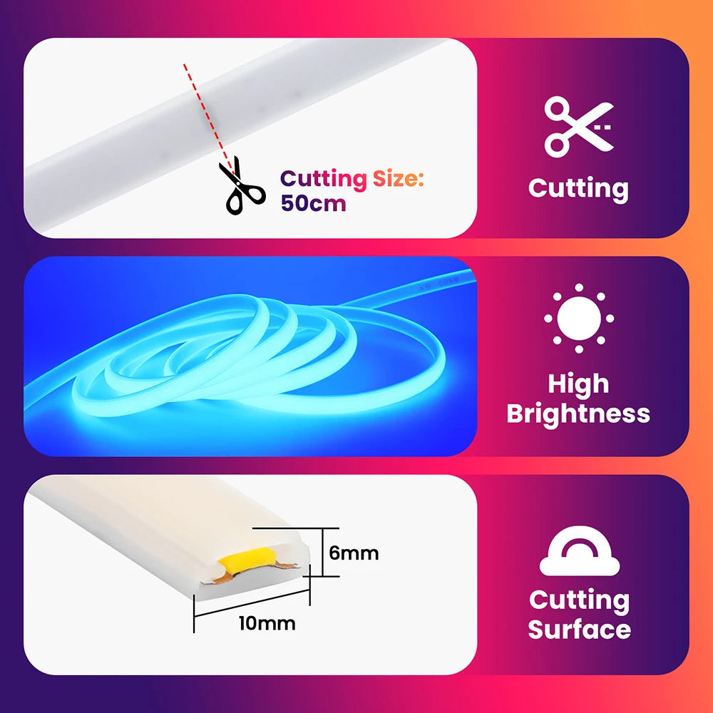 Dimmable COB LED Neon Light Strip 220V Dimmer Power Kit Waterproof 10 Colors 5m 10m 20m 30m 0.5m 288LEDs/m Flex Tube Lamp Decor.