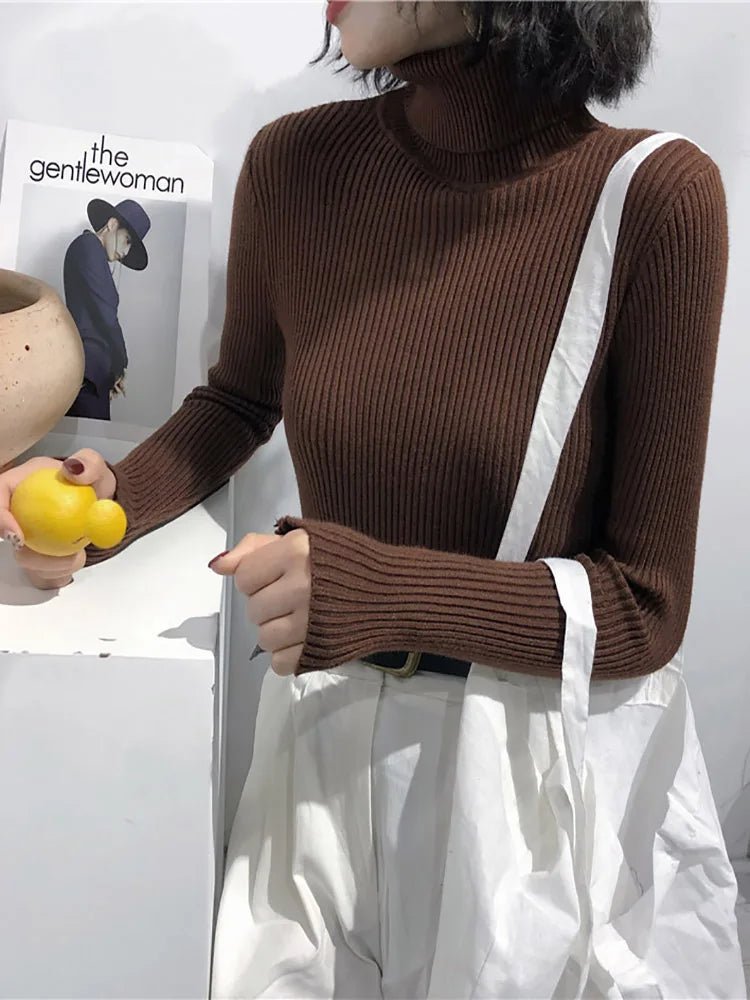 2025 herbst Winter Dicken Pullover Frauen Gestrickte Rippen Pullover Pullover Langarm Rollkragen Schlank Jumper Weiche Warme Pull Femme | H&D Shop