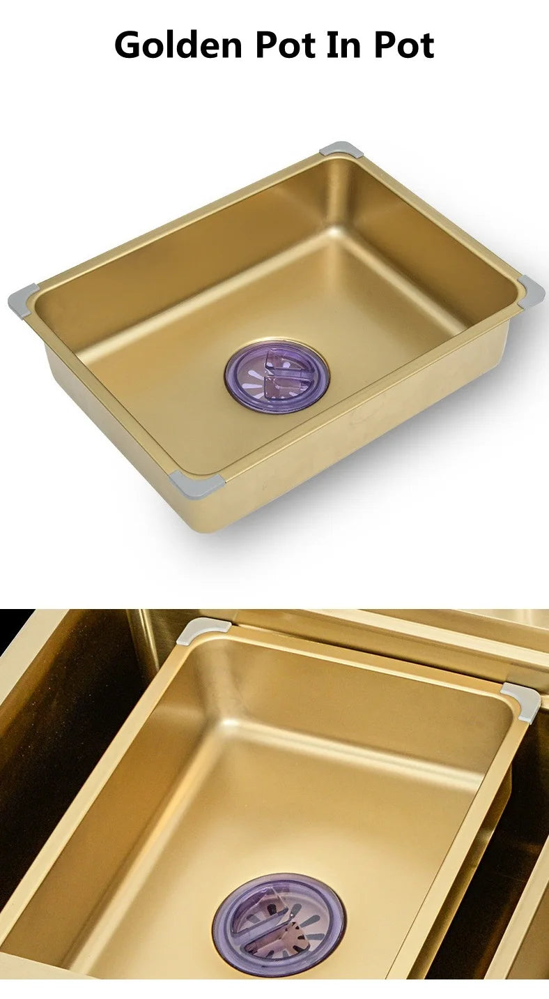 Wasserfall-Küchenspüle, Einzelschüssel, Küchenspülen, goldfarbenes Barspülbecken aus Edelstahl 304, mit Pull-Wasserhahn, Nano-Waschbecken für zu Hause ﻿