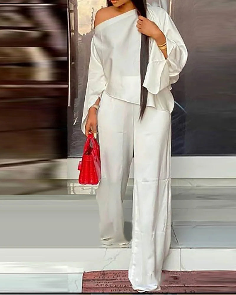 Fashion Hot Sale Women Casual Street Style Long Sleeve Card Shoulder Top Elastic Long Pants Two Piece Set Wholesale Dropshipping.