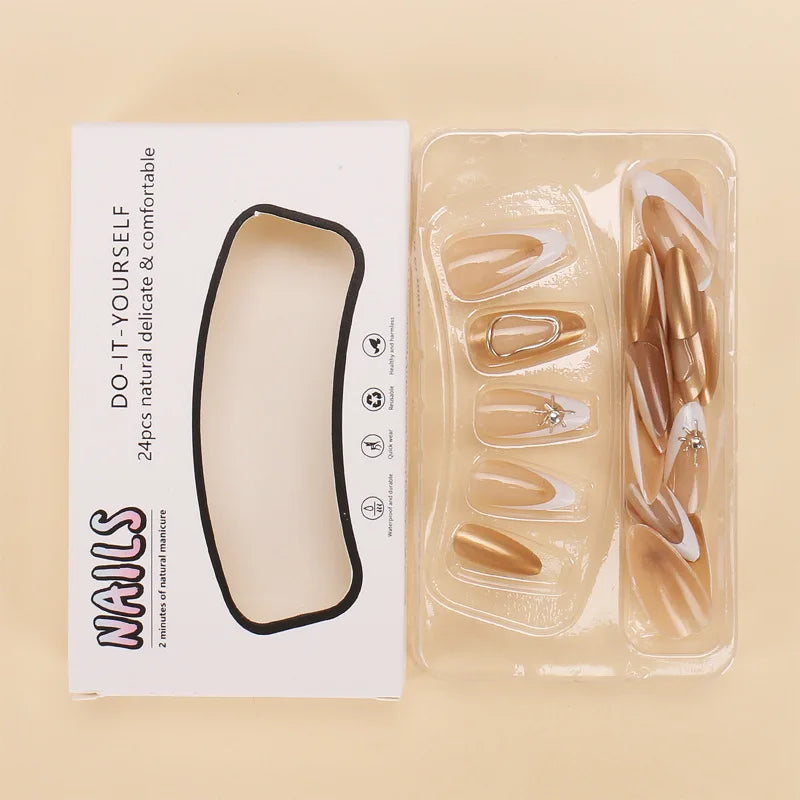 24pcs French White Press on Nails Gold plating Design Fashion False Nails Women Wearable European Spice Girls Fake Nail Tips.