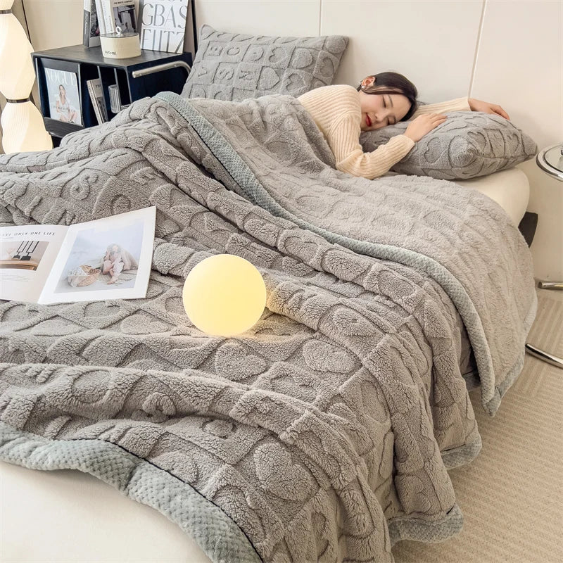 Heart Pattern Coral Fleece Blanket Autumn Winter Double Layer Thicken Warm Plush Blanket for Bed Fluffy Soft Sofa Throw Blankets