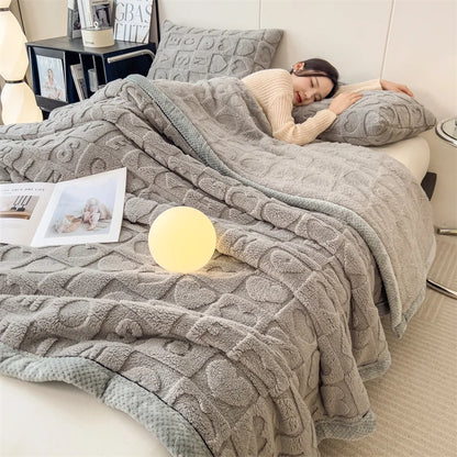 Heart Pattern Coral Fleece Blanket Autumn Winter Double Layer Thicken Warm Plush Blanket for Bed Fluffy Soft Sofa Throw Blankets