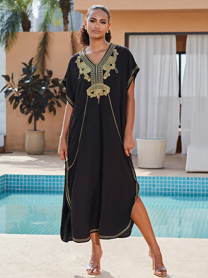 2025 Indie Folk Schnürung V-Ausschnitt Fledermausärmel Sommer Strandkleid Tunika Damen Beachwear Kaftan Maxikleid Robe Sarong Q775