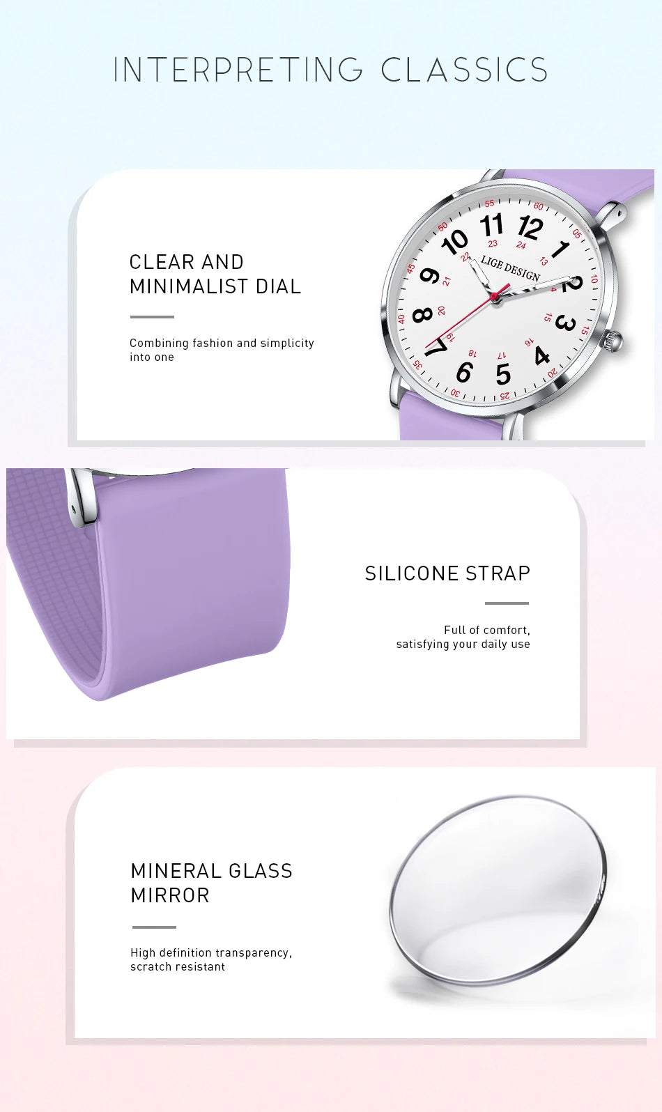 LIGE Fashion Elegant Watches for Woman Ladies Candy Color Silicone Casual Luminous Waterproof Dress Quartz Women's Wristwatches.