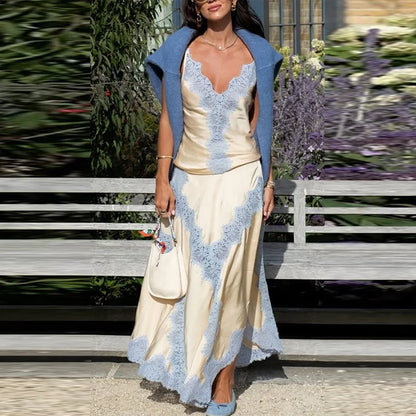 Elegant Sleeveless V Neck Vest High Waist A Line Skirt Fashion Lace Patchwork Skirt Set for Women Lady 2 Pcs Outfits Streetwear.