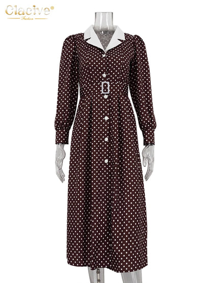 Clacive Mode Lose Druck Frauen Kleid 2025, Casual Revers Langarm Büro Dame Midi Kleider Elegante Klassische Gürtel Weibliche Kleid