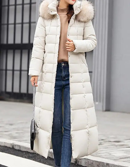 Neue Wintermode Langarm Pelzkragen Reißverschluss Einfarbig Slim Fit Lange Version Dicke Daunenjacke Mit Kapuze Für Frauen, 6 Farben.