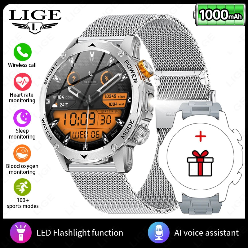 LIGE 2025 New For HUAWEI Xiaomi 1000mah AMOLED Smart Watch Men Sports Fitness LED Flashlight 3ATM Waterproof BT Call Smartwatch