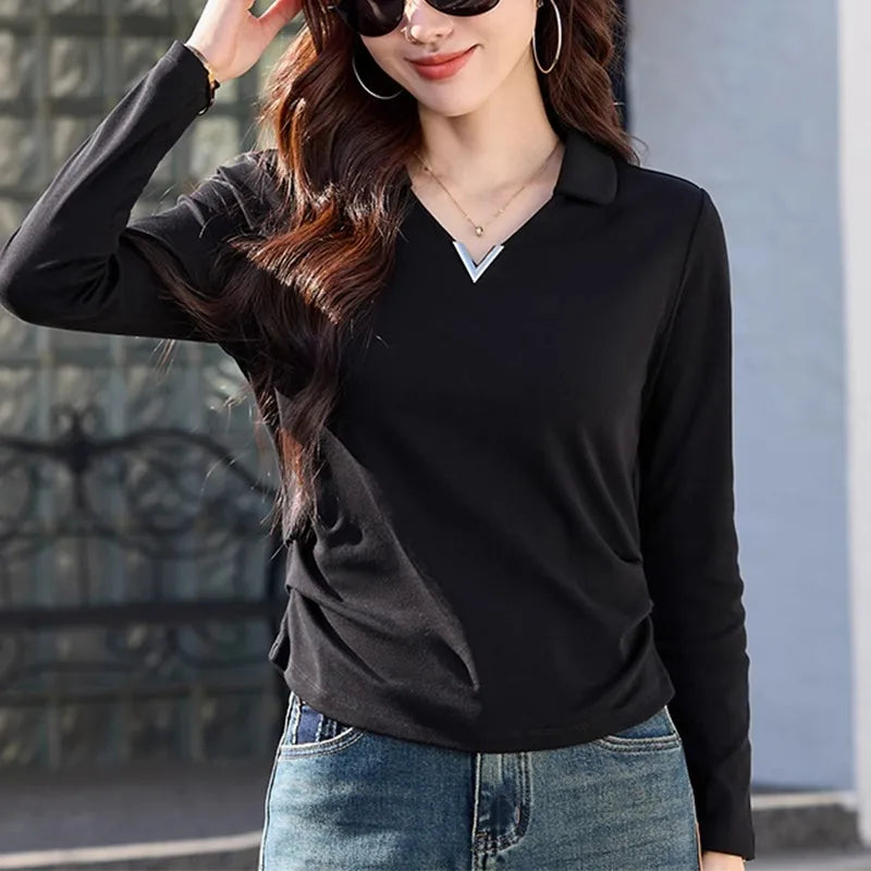 Korean version wine red long sleeved T-shirt for women in spring and autumn, new high-end fashion plus size lapel casual top