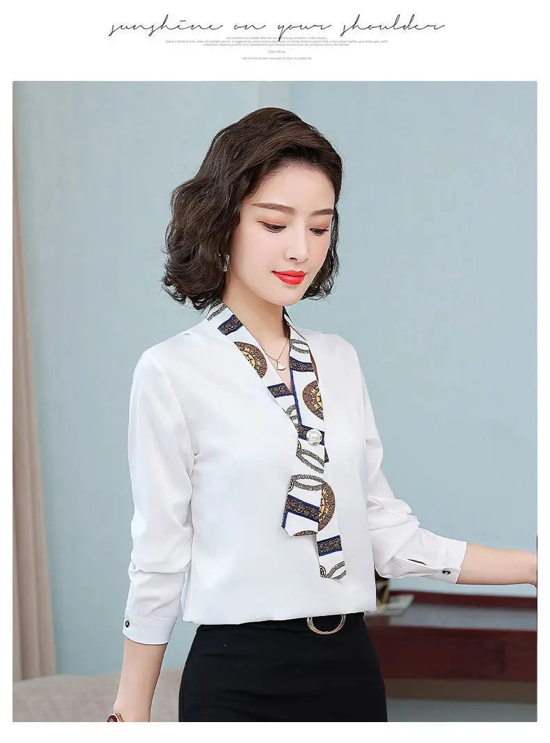 Women's fashionable streamer tops fashionable and elegant small fragrance style covering the belly satin shirt.