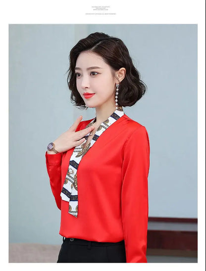 Women's fashionable streamer tops fashionable and elegant small fragrance style covering the belly satin shirt.