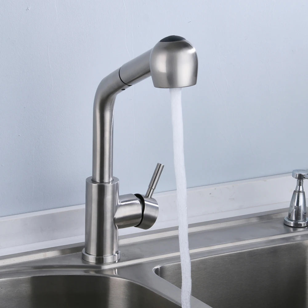 360° Rotating Retractable Sink Faucet Hot and cold Water Button Ceramic Valve Kitchen Stainless Steel Faucet with Shower