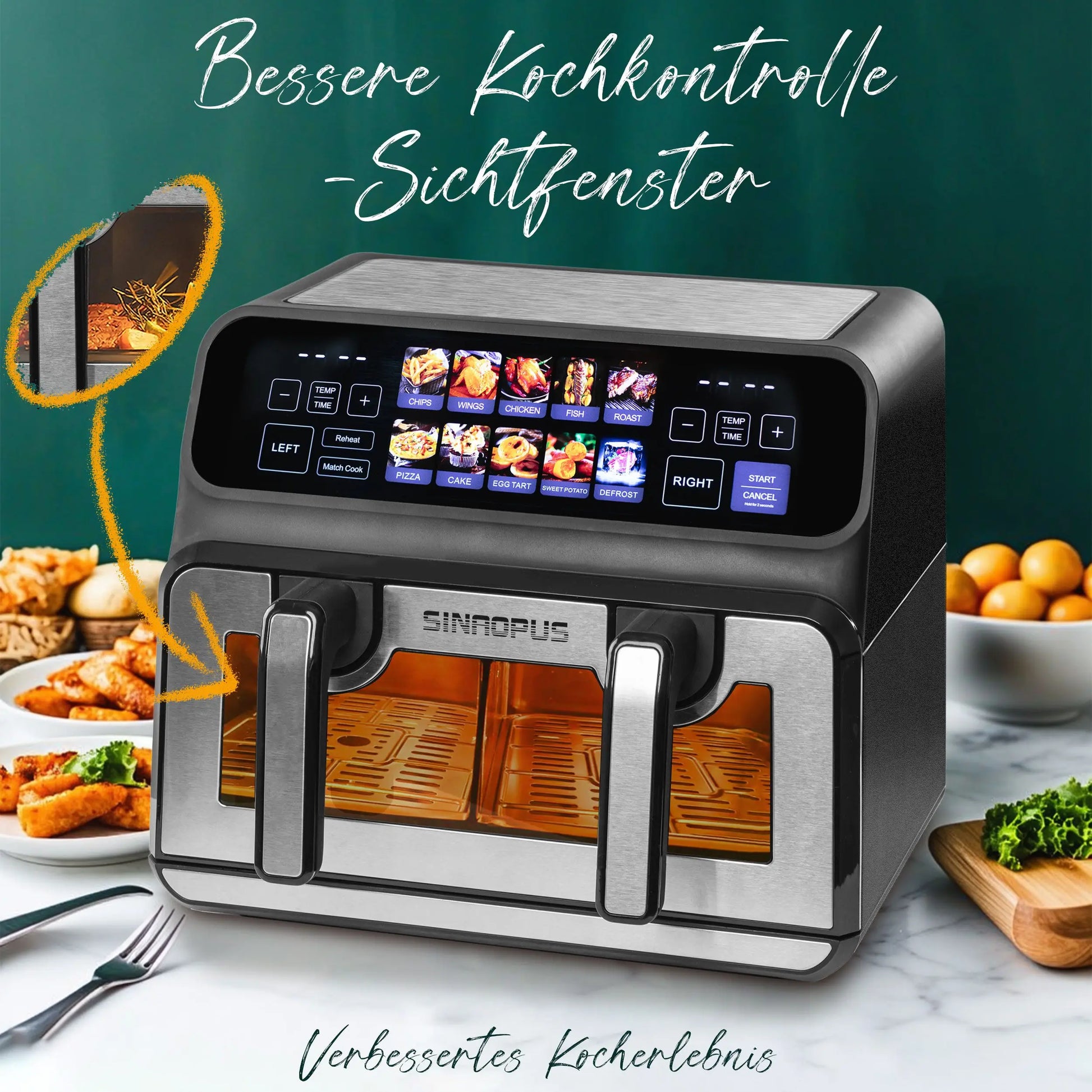 Sinaopus 2200W Hot Air Fryer Dual Basket 9 L XXL Multi-Function Air Fryer with LED Touch Screen Timable Auto Programmes.