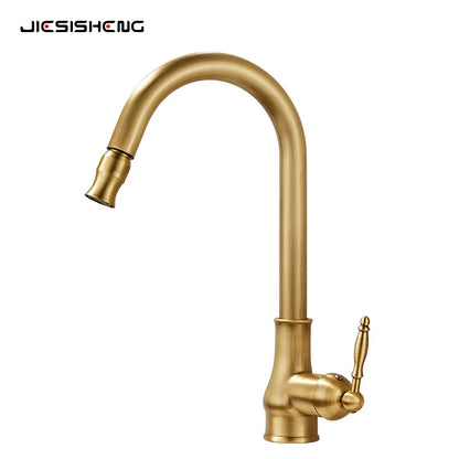 Antique Brass Kitchen Faucet Pull Out Spout Kitchen Faucets Black Single Hole Swivel Hot Cold Water Kitchen Mixers Taps