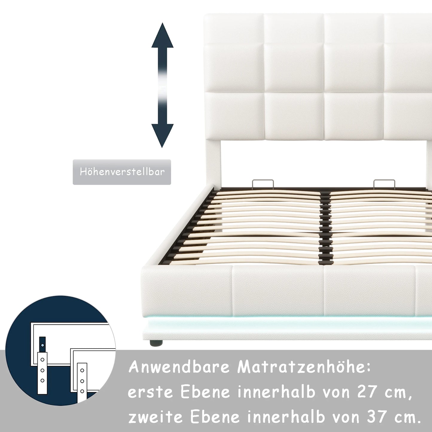 Comanlai Polsterbett 140 x 200 cm mit LED-Leuchten, hydraulisches Bett mit Stauraum, Doppelbett mit Lattenrost, Kunstleder, weiß