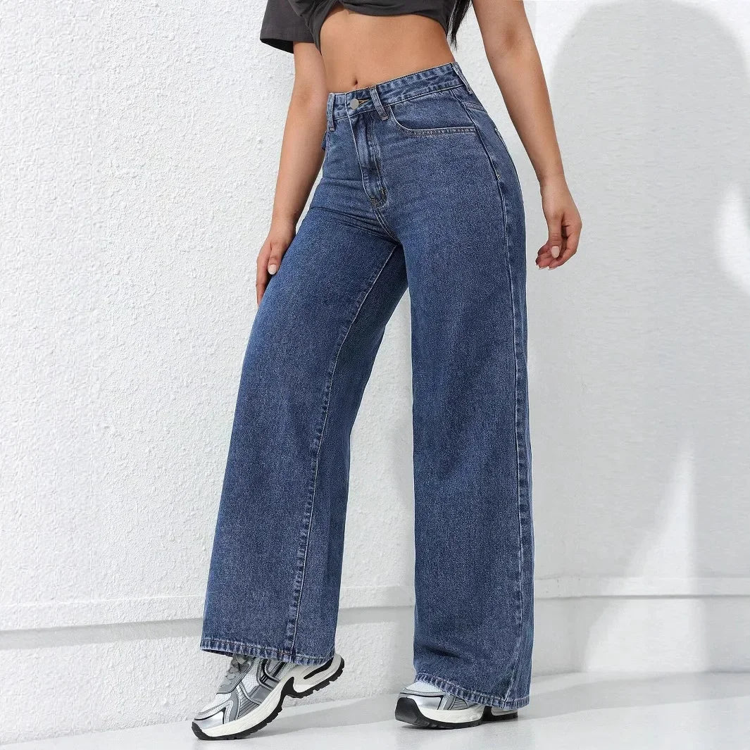 American Style High Waist Wide Leg Jeans Women's Spring New Loose Slim Straight Floor-Length Denim Pants.
