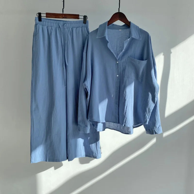 Pants Set Women Shirts Wide Leg Elastic Waist Cotton Linen Casual Sets Elegant Loose Long Sleeve Lapel Spring Shirt Y2k Suit.