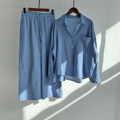 Pants Set Women Shirts Wide Leg Elastic Waist Cotton Linen Casual Sets Elegant Loose Long Sleeve Lapel Spring Shirt Y2k Suit.