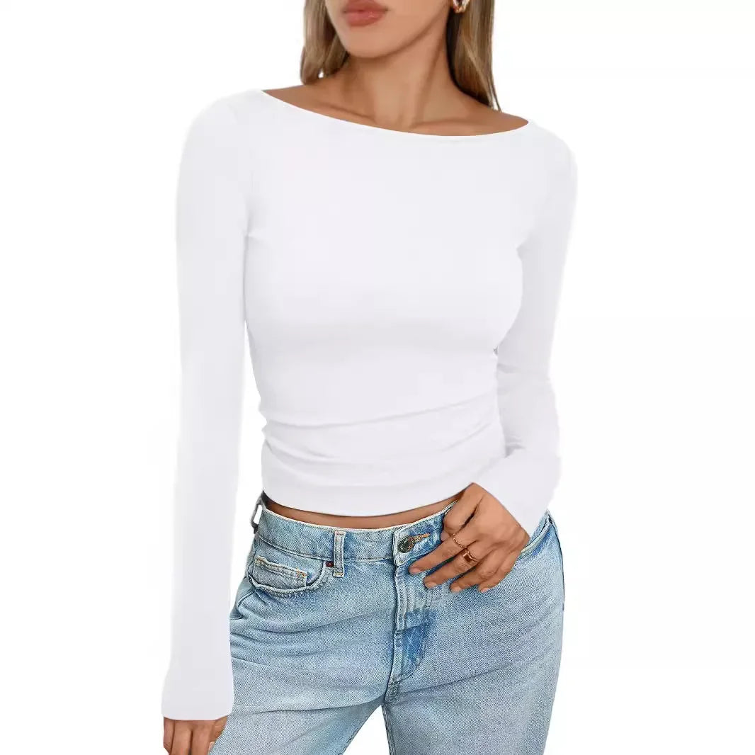 Summer Spring Slim-fitting Women's Clothing New One-neck Long-sleeved T-shirt Blouse Top Skinny Solid Color Tee.