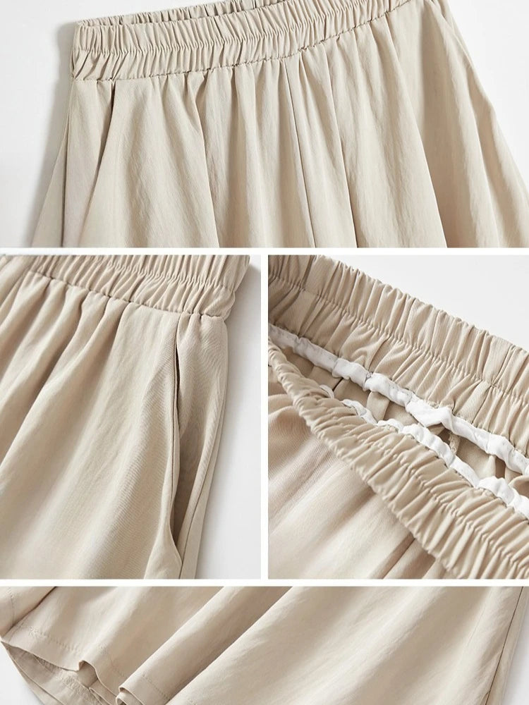 Women Quick Dry Sporty Short Pants Summer Thin Pleated Shorts Skirts High Waist A- Line Five Quarter Pants Cool Wide Leg Pants.
