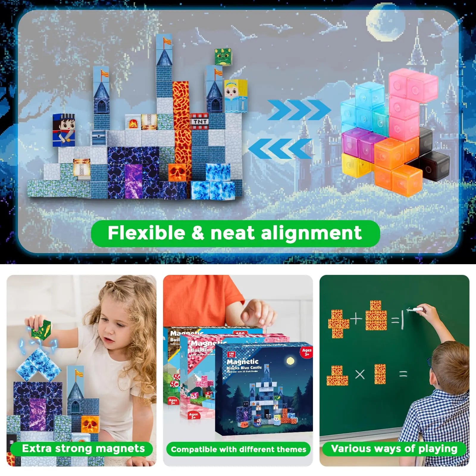 Magnetic Building Blocks Blue Castle Constructor Kit,Montessori Education Toys for Children,Magnetic Blocks STEM Creative Play.