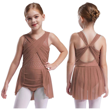 Kinder Mädchen Ärmellose Ausschnitt Strass Eiskunstlauf Trikot Kleid Lyrical Dance Gymnastik Akrobatik Leistung Kostüm