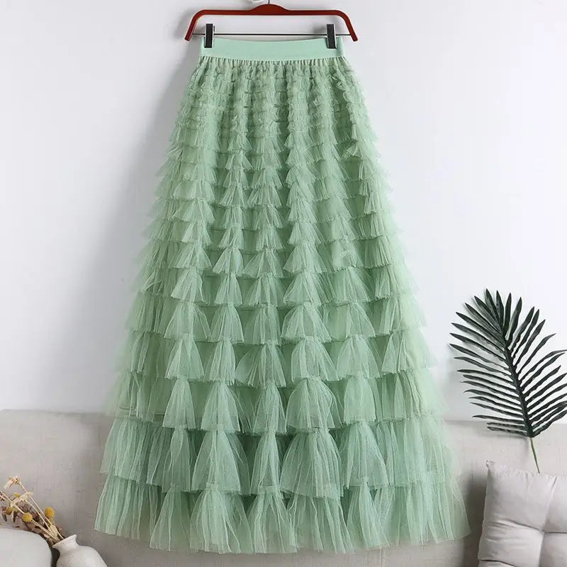 Chamliforve Women Tulle Mesh Skirt Elegant Elastic Waist Fairy Long A-line Tutu Skirt for Spring Summer Long Cake Skirt