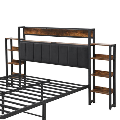 Metallbett 140x200cm, Flachbetten, Kopfteil mit Regal und 3 usb-anschlüsse, Metall+MDF+Velvet, Schwarz + Walnuss, ohne Matratze