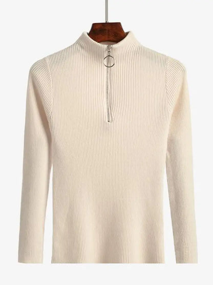 Frauen Fashion Solid Strick Pullover Vintage Langarm Zip-up Grundlegende Hälfte Rollkragenpullover Weibliche Pullover Chic Casual Tops