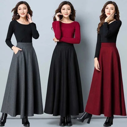 Autumn Winter Black Gray Large Size Woolen Long Skirt Women Fashion Korean Ladies Red High Waist Festival Pleated A-line Skirts.