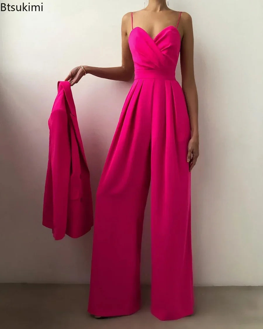 2025 Spring Summer Chiffon Elegant Jumpsuits Women Spaghetti Strap High Waist Wide Leg Jumpsuits Overalls Solid Womens Jumpsuit.