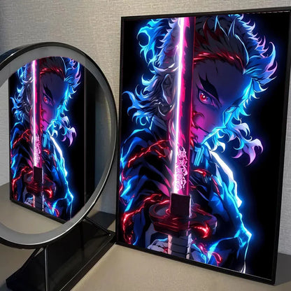 1pc Neon Effect Japan Anime Demon Slayer Tanjiro Nezuko Character Poster Self-adhesive Art Waterproof Paper Sticker Wall Decor.