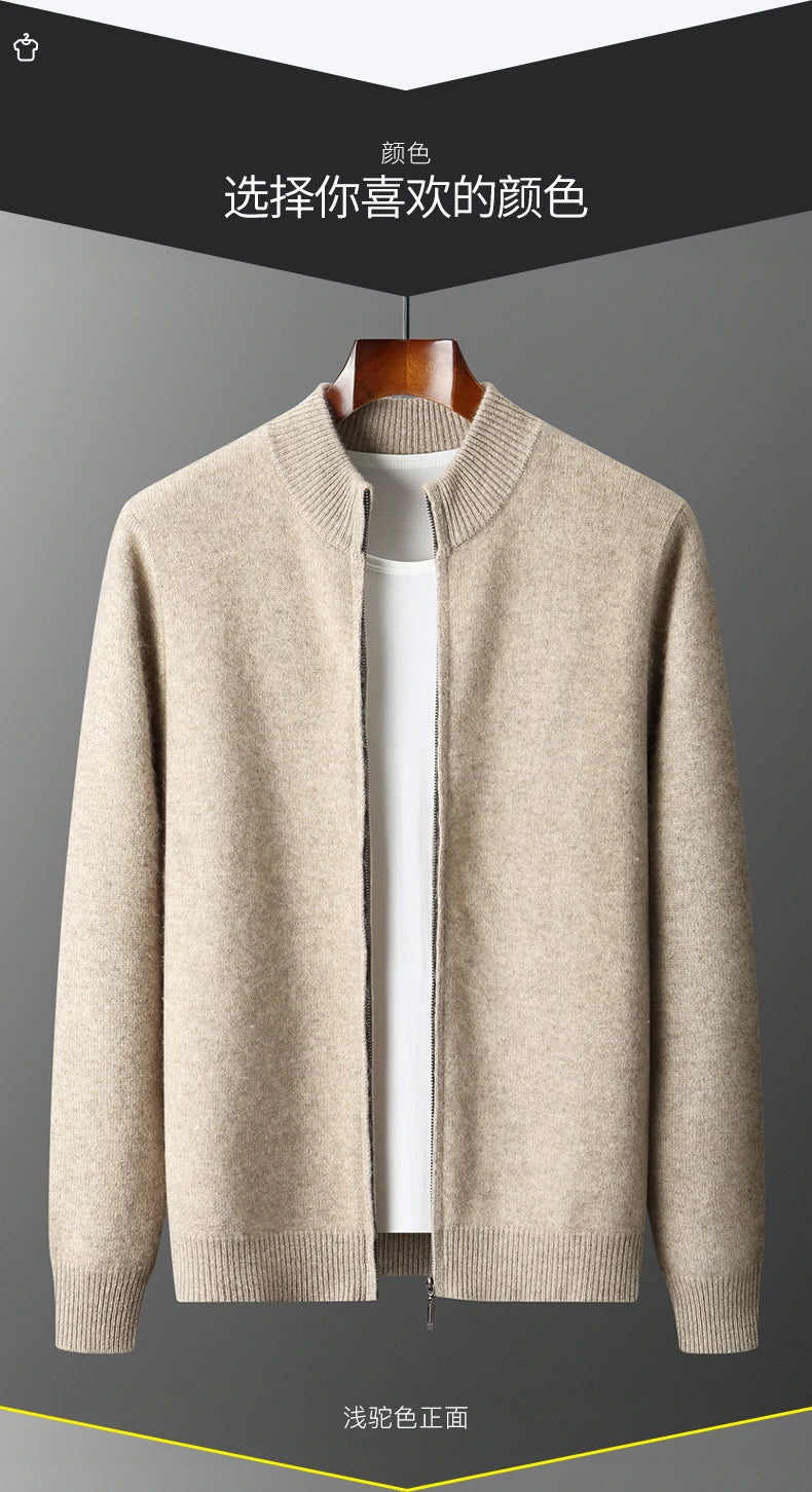 100% Merino Wool Men's Warm Sweater Mock Collar Thickened Zippered Cardigan Autumn Winter New Cashmere Knitted Long Sleeve Tops.