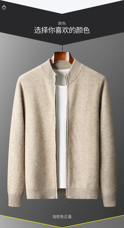 100% Merino Wool Men's Warm Sweater Mock Collar Thickened Zippered Cardigan Autumn Winter New Cashmere Knitted Long Sleeve Tops.