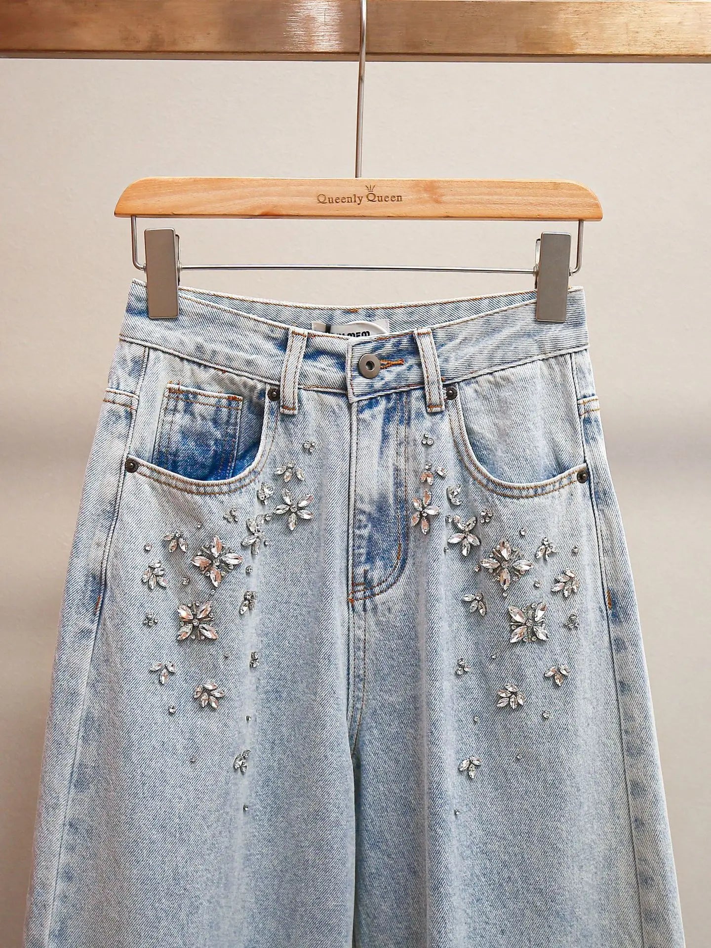 ANJY Autumn Winter Women Fashion Casual Versatile Washed Tide Diamonds Straight Jeans Trend Design Sense High Waist Pants A10636