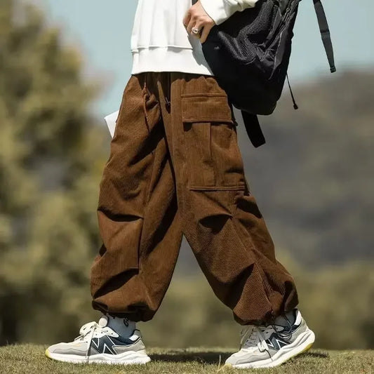 Japanese Vintage Brown Corduroy Pants Men's Loose-fit Drawstring Ankle Casual Pants Autumn/winter Season.