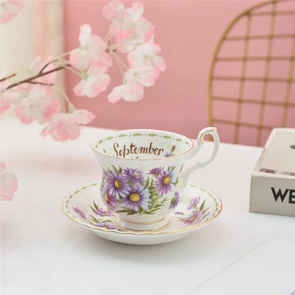 Coffee Cup and Saucer Set Month Flower Mug Bone China Drinking Set Ceramic Cup and Saucer Home Teacup Dessert Saucer Gifts